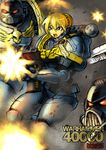  adeptus_astartes angry armor artoria_pendragon_(all) battlefield blonde_hair blue_eyes bolter braid butcherboy crossover fate/stay_night fate_(series) gun hair_bun helmet heresy open_mouth parody purity_seal red_eyes rifle saber smoke solo ultramarines warhammer_40k weapon 