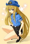  blonde_hair food hat high_heels konjiki_no_yami long_hair lowres mouth_hold panties pencil_skirt police police_uniform red_eyes shoes skirt solo taiyaki to_love-ru underwear uniform wagashi white_panties 