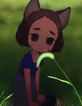  animal_ears brown_eyes brown_hair cat_ears copyright_request dress eyebrows grass ichikawa kneeling short_hair solo 