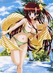  :d beach bikini blue_eyes brown_hair copyright_request day flower hair_flower hair_ornament hair_ribbon leaning_forward long_hair mario_kaneda non-web_source one_side_up open_mouth outdoors ribbon smile solo standing standing_on_one_leg striped striped_bikini swimsuit 