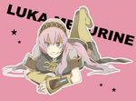  :d hayato_(meromoni) long_hair lying megurine_luka on_stomach open_mouth smile solo thighhighs vocaloid 