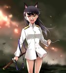  agahari angry animal_ears extra_ears hair_down heterochromia long_hair open_mouth sakamoto_mio solo strike_witches sword weapon world_witches_series 
