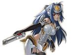  blue_hair elbow_gloves gloves gun handgun janome_gochou kos-mos pistol red_eyes solo thighhighs weapon xenosaga xenosaga_episode_i 