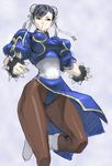  black_eyes black_hair boots breasts bun_cover china_dress chinese_clothes chun-li cozy double_bun dress large_breasts pantyhose pelvic_curtain sash solo street_fighter thick_thighs thighs wristband 