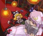  blonde_hair book bookshelf braid hair_ribbon hat kirisame_marisa kty_(04) library mob_cap multiple_girls patchouli_knowledge purple_eyes purple_hair reading ribbon side_braid touhou voile witch_hat yellow_eyes 