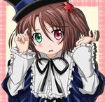  blush brown_hair frills hair_ornament hat heterochromia rozen_maiden short_hair side_ponytail solo souseiseki takumi_(rozen_garten) 