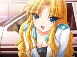  blonde_hair blue_eyes breasts car cleavage emily_(pure_dream) game_cg ground_vehicle leaning_forward long_hair medium_breasts moero_downhill_night_2 motor_vehicle non-web_source solo toudouin_reiko toyota_sprinter_trueno 