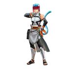  1boy absurdres animal_ears blue_hair cat_boy cat_ears closed_mouth commentary english_commentary fire_emblem fire_emblem_heroes full_body green_eyes hand_on_own_hip hand_on_own_neck heterochromia highres hiiragi_akio looking_at_viewer male_focus official_art purple_eyes ranulf_(fire_emblem) ranulf_(resplendent)_(fire_emblem) sandals second-party_source short_hair simple_background solo standing tail white_background 