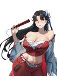  1girl absurdres bare_shoulders black_hair breasts bustier butterfly_hair_ornament cleavage commentary confident fatal_fury folded_fan folding_fan hair_ornament hand_fan haori highres holding holding_fan huge_breasts japanese_clothes legs_together long_hair looking_at_viewer midriff navel off_shoulder official_alternate_costume official_alternate_hairstyle pants red_bustier red_eyes red_pants shiny_skin shiranui_mai simple_background smile solo street_fighter street_fighter_6 sunzhiyu250 