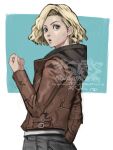  1girl 5tatsu aqua_background artist_name blonde_hair border brown_jacket commentary_request grace_ashcroft grey_eyes grey_pants highres hood hood_down hooded_jacket jacket looking_at_viewer pants parted_lips resident_evil resident_evil_requiem short_hair solo swept_bangs upper_body wavy_hair white_border 
