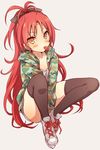  black_legwear blush camouflage candy food full_body hair_ribbon highres lollipop long_hair looking_at_viewer mahou_shoujo_madoka_magica ponytail red_hair ribbon sakura_kyouko shoes shorts simple_background sneakers solo thighhighs yutsumoe 