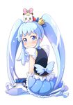  blue_eyes blue_hair bow crown cure_princess happinesscharge_precure! jewelry long_hair looking_back magical_girl pink_bow precure ribbon_(happinesscharge_precure!) shirayuki_hime sitting skirt solo thighhighs tokunou_shoutarou twintails wariza wavy_mouth 