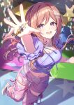  1girl absurdres arm_up blush breasts brown_hair cleavage clothing_cutout commentary_request from_above gakuen_idolmaster garakuta_road_(idolmaster) highres himesaki_rinami idolmaster iridescent iridescent_clothes kurousagi_yuu large_breasts long_hair midriff navel open_mouth pants pink_pants prima_stella_pin reaching shoes smile solo standing standing_on_one_leg star_(symbol) thigh_cutout white_shoes 