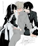  1girl 2boys black_hair blush butler gloves grey_hair highres hu_soeun korean_text maid maid_headdress midriff multiple_boys navel simple_background suit tagme translation_request white_background white_gloves 