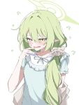  1girl absurdres aduyaiii blue_archive blue_dress blush dress ear_blush embarrassed flustered green_hair green_halo hair_between_eyes hair_ornament hair_scrunchie halo hand_to_own_mouth highres long_hair nozomi_(blue_archive) nozomi_(kujibikido)_(blue_archive) official_alternate_costume official_alternate_hairstyle open_mouth pajamas pointy_ears ribbon scrunchie short_sleeves solo sweat yellow_eyes 