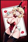  1girl andychull animal_ears blonde_hair bow breasts card fake_animal_ears fake_tail heart highres large_breasts leotard momo_(andychull) nail_polish original playboy_bunny playing_card red_background red_bow red_eyes red_leotard shiny_skin signature tail thighhighs 