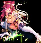  :q animal_ears bad_id bad_pixiv_id black_background bracelet breasts cat_ears cat_feet cat_girl cat_tail claws dagger detached_collar full_body glowing holding holding_weapon jewelry knife large_breasts looking_at_viewer original purple_eyes red_hair shatter simple_background solo tail tiara tongue tongue_out weapon yamacchi 