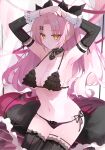  1girl alternate_costume armpits arms_up bikini bla_(artist) black_bikini black_ribbon black_sleeves black_thighhighs breasts closed_mouth collarbone commentary cowboy_shot demon_tail detached_collar detached_sleeves fake_tail hair_ornament hairclip hands_on_own_head heart heart-shaped_pillow highres large_breasts long_hair mole mole_on_breast mole_under_eye navel nicole_demara pillow pink_hair red_nails ribbon sitting solo swimsuit tail thighhighs two_side_up yellow_eyes zenless_zone_zero 