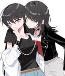  2girls bang_dream! bang_dream!_it's_mygo!!!!! biting_earring black_hair black_jacket black_shirt blue_eyes blue_skirt chain chain_bracelet collarbone covering_own_mouth cross cross_earrings earrings hair_behind_ear hand_on_another's_waist hand_over_own_mouth highres jacket jewelry leaning_on_person long_hair long_sleeves multiple_girls purple_eyes red_shirt shiina_taki shirt shirt_partially_removed single_earring skirt three-quarter_sleeves white_background white_shirt white_skirt yahata_umiri yuri zikiki1092 