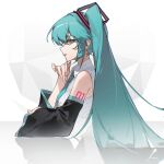 1girl absurdres aqua_eyes aqua_hair aqua_necktie arm_tattoo black_sleeves chi_chi_(lofter_2016543390) chinese_commentary collared_shirt commentary cropped_torso detached_sleeves from_side grey_background hatsune_miku highres looking_ahead necktie number_tattoo open_mouth profile shirt sleeveless sleeveless_shirt solo tattoo twintails vocaloid white_background white_shirt wide_sleeves 