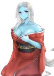  1girl absurdres alternate_costume bare_shoulders black_sash blue_hair blush breasts cleavage closed_mouth collarbone commentary_request commission grey_hair hair_ornament highres japanese_clothes kimono kneeling long_hair multicolored_hair my_little_pony my_little_pony:_equestria_girls my_little_pony:_friendship_is_magic off_shoulder pixiv_commission purple_eyes red_kimono sash siki_(ppme4782) socks solo star_(symbol) star_hair_ornament streaked_hair trixie_lulamoon trixie_lulamoon_(equestria_girls) white_background white_socks 