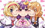  alice_margatroid blonde_hair blue_eyes blush bow braid cheek-to-cheek girl_sandwich grin hair_bow hairband heart heart_hands heart_hands_duo highres kirisame_marisa mayuge_inu multiple_girls one_eye_closed patchouli_knowledge purple_eyes sandwiched side_braid smile touhou yellow_eyes yuri 