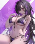  1girl absurdres alternate_costume bare_shoulders bikini black_bikini black_hair blush breasts cleavage colored_inner_hair commentary glasses goddess_of_victory:_nikke hair_intakes highres jademoon label_(nikke) large_breasts long_hair looking_at_viewer messy_hair multicolored_hair navel pale_skin purple_eyes purple_hair sideboob smile solo stomach swimsuit underboob 