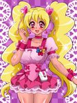  annon_(wtvt) blonde_hair bow checkered checkered_background choker corset cure_peach earrings fresh_precure! hair_ornament heart heart_hair_ornament jewelry long_hair magical_girl miniskirt momozono_love pink_bow pink_choker pink_eyes pink_skirt precure puffy_sleeves purple_background skirt smile solo sparkle twintails wrist_cuffs 