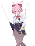  1girl animal_ears black_pantyhose blue_skirt blush bow bowtie breasts brown_pantyhose clothes_lift commentary evanescia_(honkai:_star_rail) fishing_line flower fox_ears fox_girl hair_flower hair_ornament highres honkai:_star_rail honkai_(series) jacket large_breasts pantyhose pink_hair purple_eyes red_bow red_bowtie school_uniform shirt short_hair_with_long_locks simple_background skirt skirt_lift solo speech_bubble str_kope untranslatable_commentary white_background white_jacket 