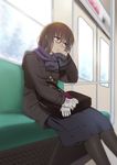  bag bench black_legwear blush brown_eyes brown_hair coat freckles glasses gloves gloves_removed long_sleeves mattaku_mousuke mittens original pantyhose parted_lips plaid plaid_scarf scarf school_bag single_glove sitting skirt solo train_interior winter_clothes 