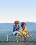  1boy 1girl amuro_ray bench bindi black_hair blurry blurry_background boots brown_hair commentary crossed_legs dark-skinned_female dark_skin desi dress english_commentary green_eyes gundam hair_bun head_rest highres la_la_land lalah_sune landscape long_dress looking_at_another looking_to_the_side military_rank_insignia military_uniform mobile_suit_gundam parody phantom_cross pun science_fiction shoes short_hair single_hair_bun sitting yellow_dress yellow_shoes 
