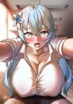  1girl absurdres ahoge black_skirt blue_hair blush breasts button_gap buttons cleavage collarbone collared_shirt colored_tips commentary_request covered_nipples elf flower hair_between_eyes hair_flower hair_ornament heart heart_ahoge highres hololive indoors large_breasts long_hair looking_at_viewer multicolored_hair nagisuke_shiona open_mouth partially_unbuttoned pleated_skirt pointy_ears pov sailor_collar school_uniform shirt short_sleeves signature skirt straddling streaked_hair virtual_youtuber white_sailor_collar white_shirt yellow_eyes yukihana_lamy 