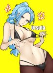  1340smile 1girl absurdres adjusting_bra adjusting_clothes anger_vein angry annoyed black_bra black_panties blue_hair bra braid braided_ponytail breasts brown_eyes character_name closed_mouth fire_emblem fire_emblem:_fortune's_weave highres long_hair looking_at_viewer medium_breasts mole mole_under_mouth panties pantyhose sideboob simple_background solo stomach underboob underwear ursula_(fire_emblem:_fortune's_weave) yellow_background 