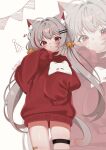 1girl ahoge ameameame_(pororo12khb) animal_ear_fluff animal_ears bandaid bandaid_on_leg bandaid_on_thigh bell blush cat_ears cat_girl cat_tail closed_mouth commentary corrupted_twitter_file cowboy_shot frown grey_hair hair_bell hair_intakes hair_ornament highres holding holding_stuffed_toy jingle_bell long_hair long_sleeves looking_at_viewer loving_aura maro_(neneko_mashiro) multicolored_hair neneko_mashiro no_pants red_eyes red_sweater shiny_skin sleeves_past_fingers sleeves_past_wrists solo standing stellive streaked_hair stuffed_animal stuffed_toy sweater tail thigh_strap turtleneck turtleneck_sweater twintails twitter_username very_long_hair virtual_youtuber white_background zoom_layer 