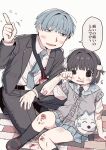  1boy 1girl @_@ age_difference arm_support bag bags_under_eyes bandaid bandaid_on_arm black_eyes black_hair black_jacket black_pants blazer bleeding blood blue_hair blue_skirt blush collared_shirt commentary crying crying_with_eyes_open finger_twirl foot_out_of_frame grey_sweater_vest hand_up highres index_finger_raised injury jacket katsushika_haruno knee_up nosebleed on_ground on_one_knee open_mouth original pants plaid_clothes plaid_skirt pleated_skirt salaryman scar school_uniform scraped_knee self-harm_scar sett shirt short_hair short_sleeves shoulder_bag simple_background sitting skirt smeared_blood smile star_(symbol) suit sweater_vest tears translated two_side_up uneven_eyes white_background white_shirt wiping_tears 