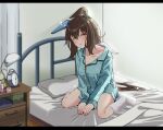  1girl admire_vega_(umamusume) animal_ears bed bed_sheet bedroom blush breasts brown_hair commentary_request ear_covers hair_between_eyes horse_ears horse_girl horse_tail indoors long_hair long_sleeves messy_hair on_bed open_clothes pajamas pillow shino_(ponjiyuusu) single_ear_cover sitting sleepy solo squeans tail umamusume 