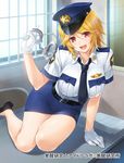  arm_support belt blonde_hair breasts chair cuffs desk finger_twirl gloves handcuffs hat highres kakusei_kenkyuu_idol_lab large_breasts necktie no_socks official_art on_desk on_table paper pencil_skirt police police_hat police_uniform policewoman red_eyes shoes short_hair sitting skirt smile solo table uniform wacchi yajima_chitose yokozuwari 