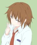  1girl blush breast_pocket brown_hair cigarette cigarette_pack collared_shirt commentary_request dress_shirt from_above from_side green_background hair_between_eyes highres holding holding_cigarette kantai_collection long_sleeves looking_at_viewer medium_hair necktie orange_eyes pocket red_necktie shirt sidelocks simple_background solo twitter_username upper_body wachi_(hati1186) wakaba_(kancolle) white_shirt 