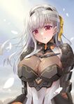  1girl bandaged_head bandages breasts collarbone commentary_request covered_navel gekato goddess_of_victory:_nikke hair_ribbon highres large_breasts long_hair modernia_(nikke) red_eyes ribbon see-through_cleavage see-through_clothes solo white_hair yellow_ribbon 