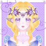  1girl absurdres blonde_hair blooming_dreams_(infinity_nikki) blue_flower border chest_jewel chinese_commentary circlet closed_mouth collar collarbone commentary_request detached_collar detached_sleeves dress eyelashes eyes_visible_through_hair fake_pointy_ears flower flower_on_shoulder forehead_jewel gem happy head_wreath heart highres infinity_nikki lace_collar light_blush light_smile lipstick makeup nikki_(series) nostrils outline outside_border pink_lips plaid_background purple_background purple_dress purple_eyes purple_flower purple_gem purple_sleeves shi_yangyang_ya short_hair_with_long_locks sidelocks sleeveless sleeveless_dress solo straight-on upper_body watermark watermark_grid white_border white_collar white_outline 