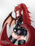  1girl absurdres alternate_hairstyle ass bartolomiy between_legs black_gloves black_shirt black_skirt black_thighhighs closed_mouth commentary dragon_girl dragon_horns dragon_tail dragon_wings fingerless_gloves gloves hand_between_own_legs highres horns long_hair looking_at_viewer ponytail red_hair shirt skirt smile solo tail thighhighs very_long_hair virtual_youtuber vshojo wings yellow_eyes zentreya zentreya_(dragon) zentreya_(dragon)_(metalheads) zettai_ryouiki 