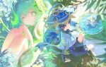  1boy 1girl absurdres anemo_symbol_(genshin_impact) arm_support armlet armor asymmetrical_sidelocks black_bodysuit black_bow black_bridal_gauntlets black_hair black_shorts blue_cape blue_eyes blue_gem blue_hat blue_jingasa blunt_ends bodysuit bow brick_floor bridal_gauntlets bright_pupils bush cape closed_mouth commentary cross-shaped_pupils detached_sleeves dress eyelashes eyeliner feathers fetal_position flower fountain furisode gem genshin_impact gold gold_armlet gold_ring gold_trim green_eyes green_gem green_hair green_sleeves hair_ornament hakama hakama_shorts hat heart heart_hair_ornament highres japanese_armor japanese_clothes jewelry jingasa kimono kote kurokote legs_together long_hair looking_at_viewer looking_up makeup mandala middle_ring nahida_(genshin_impact) one_eye_closed open_hand outdoors own_hands_together parted_lips plant pleated_shorts pom_pom_(clothes) purple_rope purple_sash red_eyeliner rope sash scaramouche_(genshin_impact) short_dress short_sleeves shorts side_cape side_ponytail sidelocks sitting_on_branch symbol-shaped_pupils tassel tree turtleneck turtleneck_bodysuit vision_(genshin_impact) wanderer_(genshin_impact) white_dress white_flower white_kimono white_mouth white_pupils white_sleeves wispy_bangs wmuyds yellow_feathers 