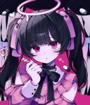 black_hair black_ribbon blood candy colored_blood darling_dance_(vocaloid) food hair_ribbon halo hatsune_miku heart heart-shaped_food heart-shaped_pupils highres jirai_kei konnappii lollipop melting_halo pill pink_blood pink_eyes pink_ribbon pink_shirt ribbon shaped_lollipop shirt symbol-shaped_pupils vocaloid 