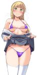  1girl areola_slip bare_shoulders bikini blonde_hair blush breasts closed_mouth clothes_lift collarbone commentary_request covered_nipples embarrassed from_below green_eyes hairband heanna_sumire heavy_breathing highres large_breasts lips long_hair looking_at_viewer looking_down love_live! love_live!_superstar!! micro_bikini partially_undressed pink_nails purple_bikini pussy_juice school_uniform shirt_down skirt skirt_lift sweat swimsuit thighhighs white_background white_thighhighs yopparai_oni yuigaoka_school_uniform 