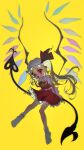  1girl absurdres ascot back_bow blonde_hair bow collared_shirt commentary_request crystal crystal_wings derivative_work dragondrei0321 embodiment_of_scarlet_devil fang flandre_scarlet frilled_shirt_collar frills full_body hat hat_ribbon highres holding holding_weapon laevatein_(touhou) looking_at_viewer mob_cap multicolored_wings official_art_redraw one_side_up open_mouth puffy_short_sleeves puffy_sleeves red_eyes red_skirt red_vest ribbon shirt short_sleeves skirt skirt_set smile socks solo sprite_redraw touhou vest weapon white_bow white_hat white_shirt white_socks wings yellow_ascot yellow_background 