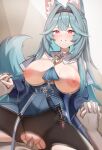  1boy 1girl absurdres animal_ear_fluff animal_ears black_hairband black_pantyhose blue_hair breasts breasts_out censored choker commentary_request commission cowgirl_position detached_collar dutch_angle girl_on_top grin hair_intakes hairband hetero highres hiyori_(meridian_project) holding_hands huge_breasts interlocked_fingers kuromiz long_hair looking_at_viewer meridian_project mosaic_censoring motion_blur nipples pantyhose parted_lips penis pink_eyes pov pussy sex skeb_commission smile straddling tail torn_clothes torn_pantyhose vaginal variant_set white_choker wolf_ears wolf_girl wolf_tail 