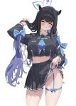  1girl ^_^ absurdres adjusting_hair alternate_hairstyle animal_ears arcana_(fortune_mate)_(nikke) arcana_(nikke) arcana_(nikke)_(cosplay) black_hair black_skirt blue_archive blue_bow blue_hair blue_halo blue_neckerchief blush bow breasts cawl closed_eyes commentary cosplay crop_top english_commentary goddess_of_victory:_nikke hair_down halo hand_in_own_hair hand_up highres holding_own_hair large_breasts lifting_own_clothes long_hair multicolored_hair navel neckerchief panties parted_lips pleated_skirt shun_(blue_archive) simple_background skirt solo stomach thigh_strap underwear very_long_hair white_background white_panties 