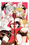  2girls aqua_eyes aqua_hair aqua_nails aqua_necktie armpits bare_shoulders belt black_sailor_collar black_shorts black_skirt black_sleeves blonde_hair bow breasts detached_sleeves fang hair_bow hair_ornament hairclip hatsune_miku heart heart_hands heart_hands_duo highres kagamine_rin kawamitsu long_hair looking_at_another microphone multiple_girls navel neckerchief necktie number_tattoo open_mouth parallel_hairclips sailor_collar shirt short_hair shorts singing skirt small_breasts tattoo thighs treble_clef twintails v very_long_hair vintage_microphone vocaloid white_bow white_shirt yellow_belt yellow_nails yellow_neckerchief yellow_trim 