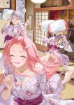  4girls absurdres aemeath_(wuthering_waves) ahoge alternate_costume bangs_pinned_back blonde_hair blush breasts cartethyia_(wuthering_waves) chigusa7h cleavage closed_eyes commentary_request fingernails hair_bun hair_ornament hair_up hand_puppet hands_up highres holding holding_pillow indoors jinhsi_(wuthering_waves) laughing long_hair medium_breasts mole mole_on_cheek mole_on_shoulder multiple_girls open_mouth parted_lips pillow pillow_fight pink_hair pink_robe pointy_ears puppet robe sanhua_(wuthering_waves) single_off_shoulder smile tacet_mark_(wuthering_waves) tearing_up white_eyes white_hair wuthering_waves 