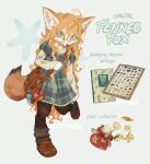  1girl animal_ear_fluff animal_ears bag bag_charm blonde_hair blue_dress brown_pants brown_shoes cable_knit charm_(object) clipboard dress english_text fennec_fox fox_ears fox_girl fox_tail freckles full_body furry furry_female highres leg_up loafers long_hair looking_at_viewer luxjii original pants plaid_clothes plaid_dress seashell shell shoes shoulder_bag simple_background slit_pupils solo standing tail wavy_hair whiskers white_background 